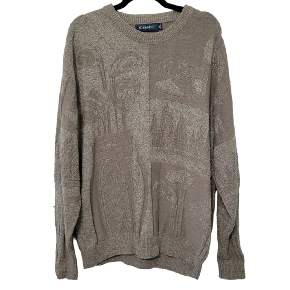 Carmel‎ Men's Vintage Golf Sweater Size XL Grey Jacquard Clubs Irons Bag Knit